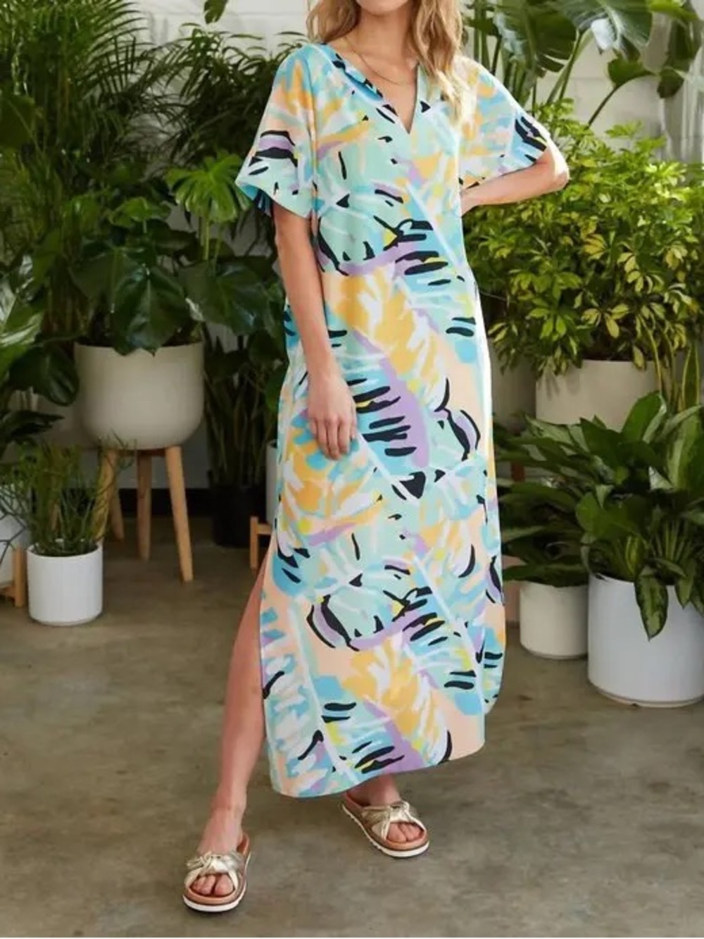 Crosby By Mollie Burch Size S Pastel Abstract V-Neck Dress in Mint, Peach, Lilac